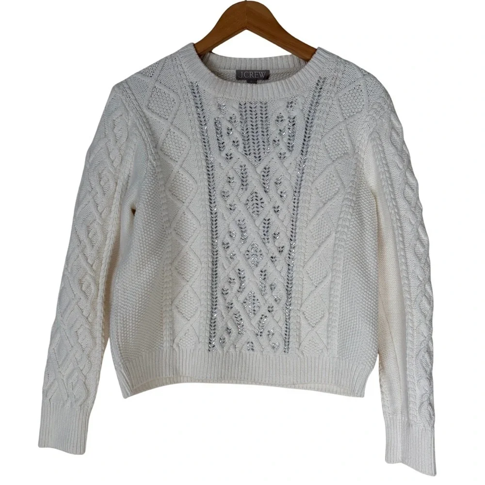 J. Crew White Cable Knit Crystal Embellishments Sweater Top, Large